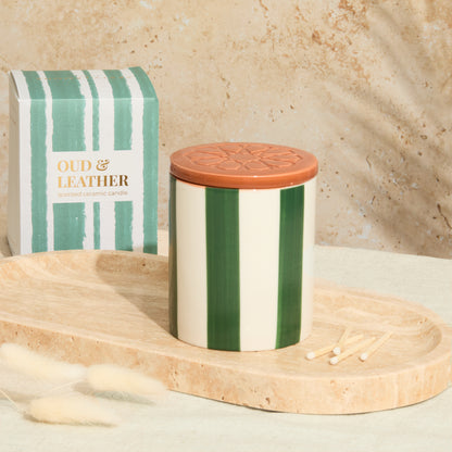 Marrakesh: Olive Striped Candle - Oud & Leather