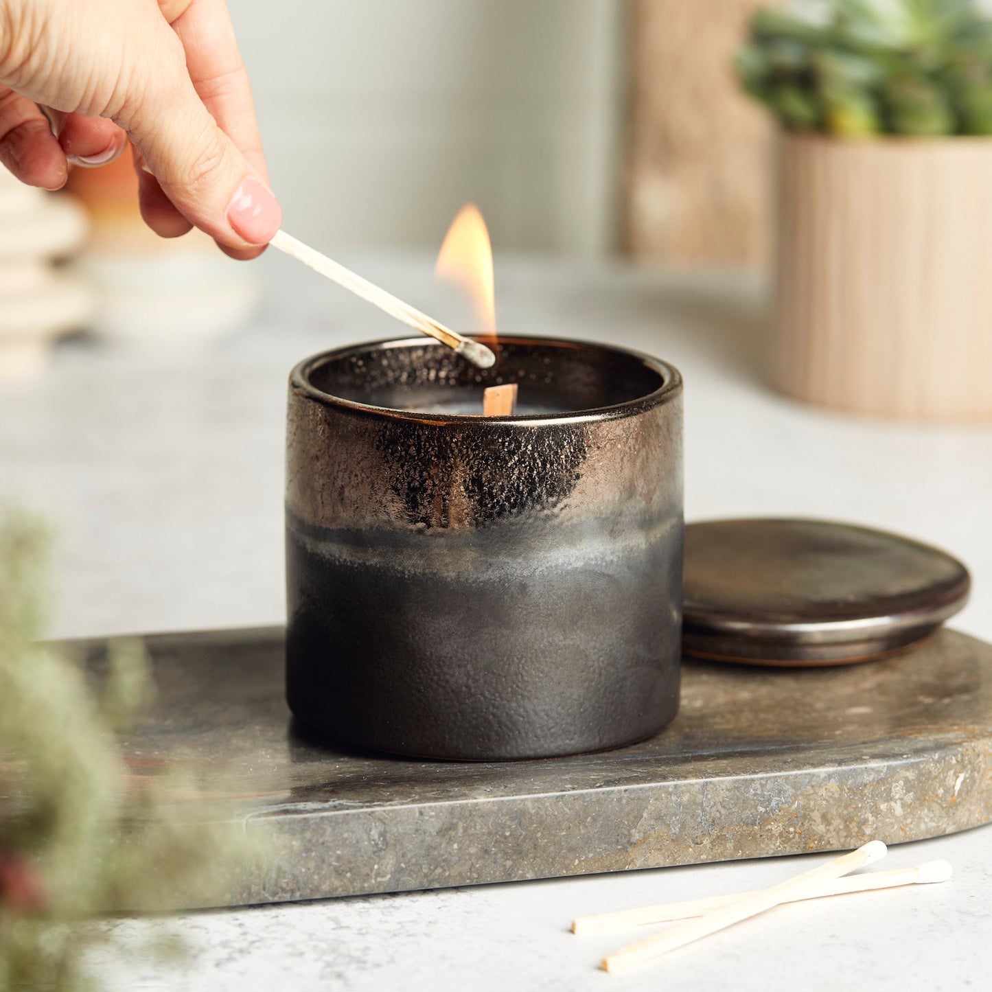 Kiln: Bronze & Graphite Ceramic Candle - Activated Charcoal & Matcha